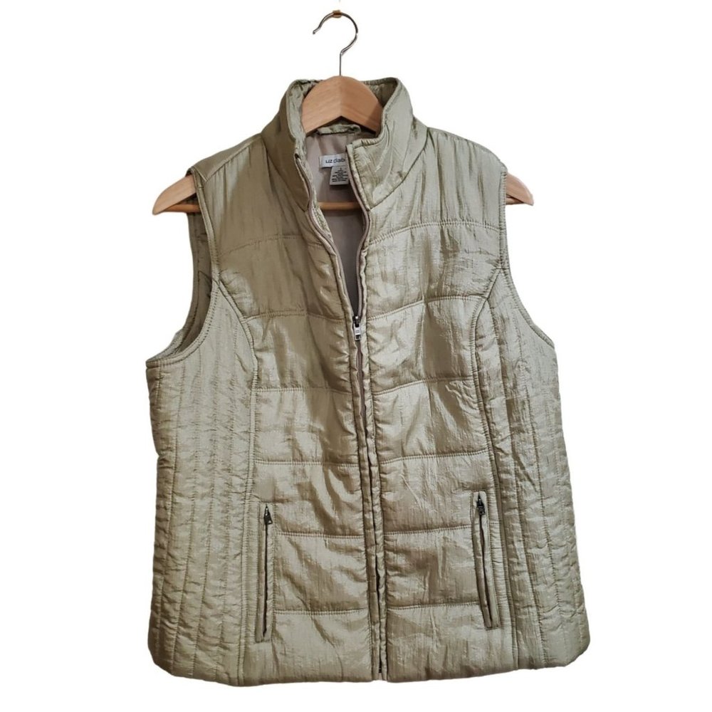GUC Taupe Cream Tan Liz Claiborne Puff Vest L Large Women Puffer Casual Business